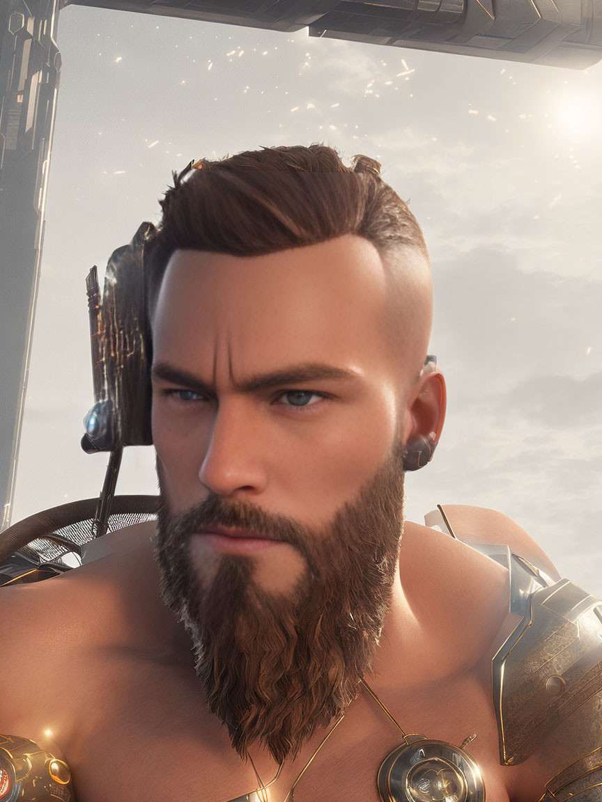 Man with Groomed Beard and Futuristic Armor in Digital Art