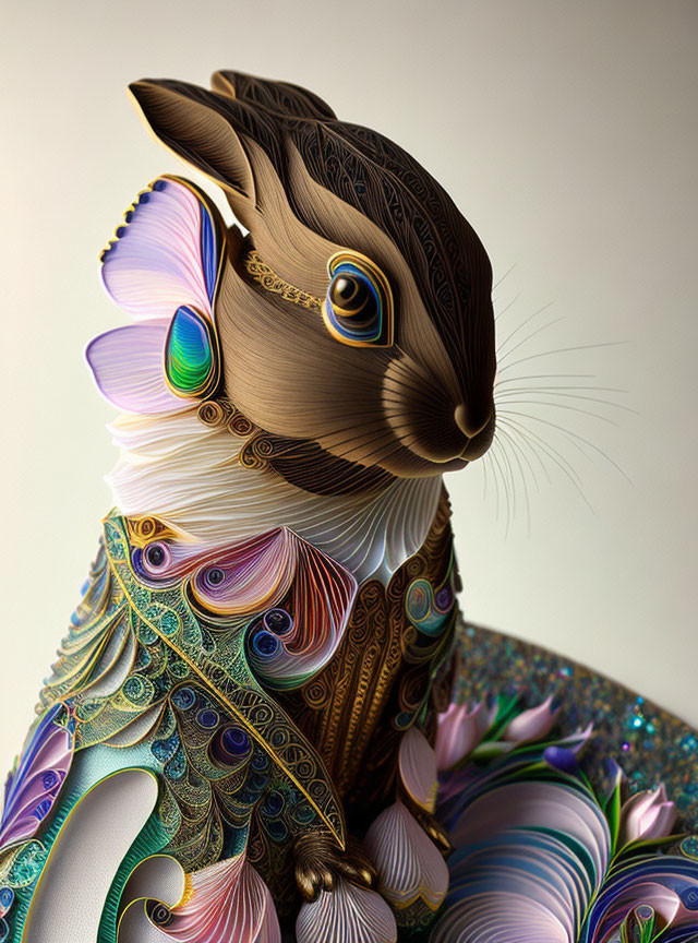Detailed stylized rabbit artwork with intricate patterns and swirls on neutral background