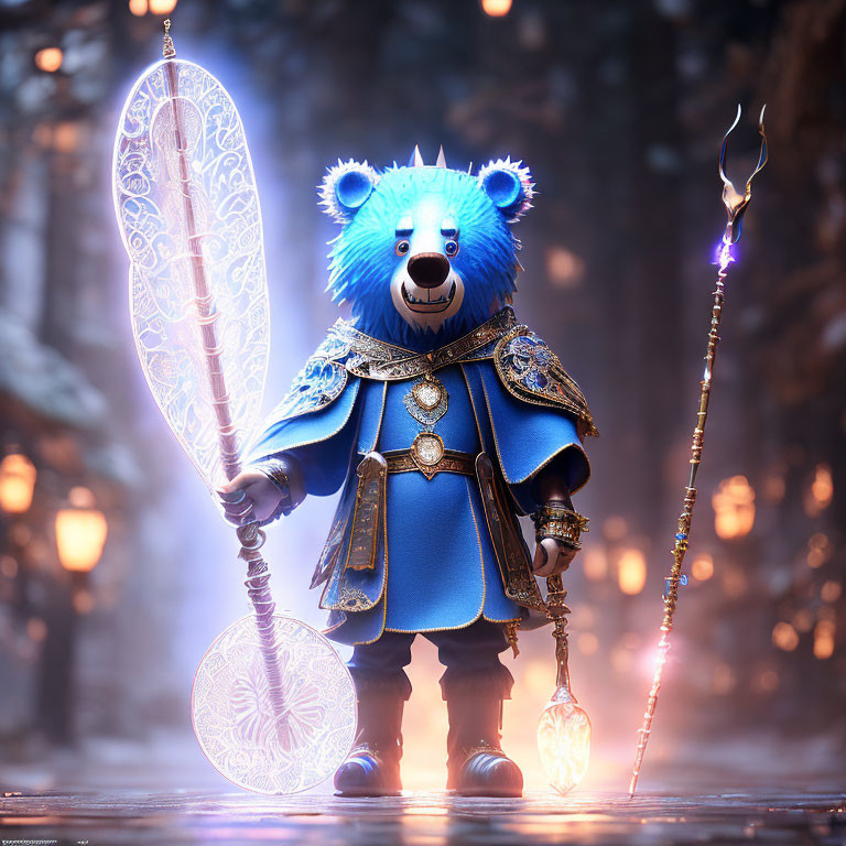 Regal blue bear in royal attire with ornate staff in enchanted forest