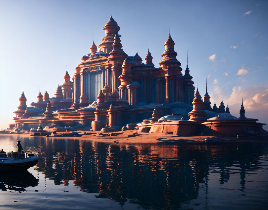 Grand ornate palace reflected in calm water at twilight