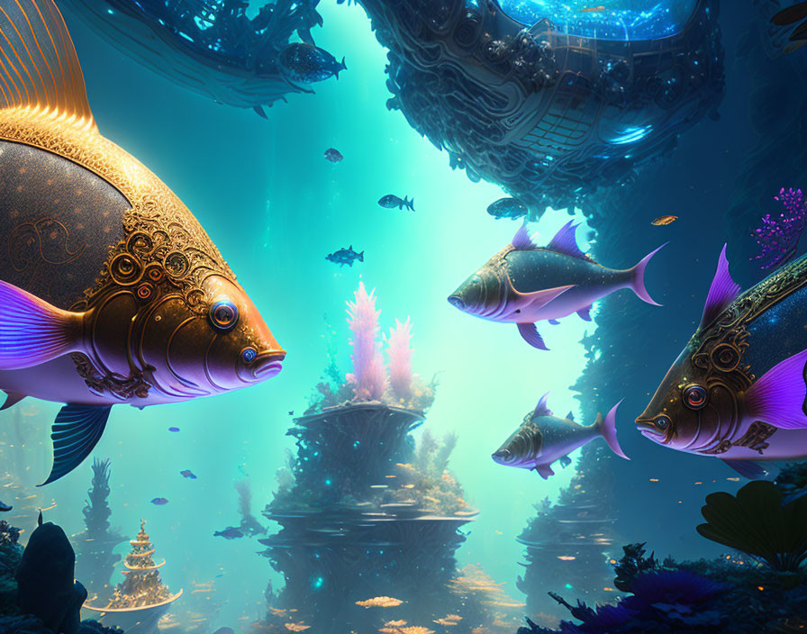 Colorful underwater scene with mechanical fish among coral and futuristic structures.