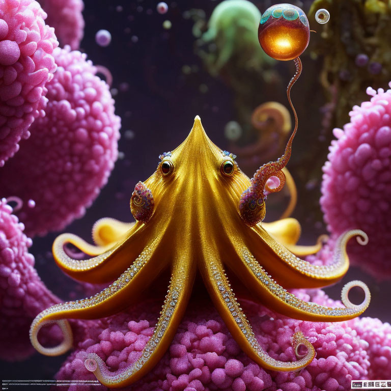Colorful Golden Octopus on Pink Coral with Fish Bubble in Whimsical Underwater Scene