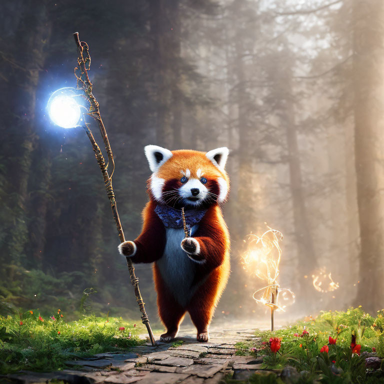 Red panda with glowing orb staff in enchanted forest