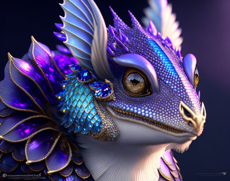 Fantastical dragon digital art with shimmering blue scales and golden detailing
