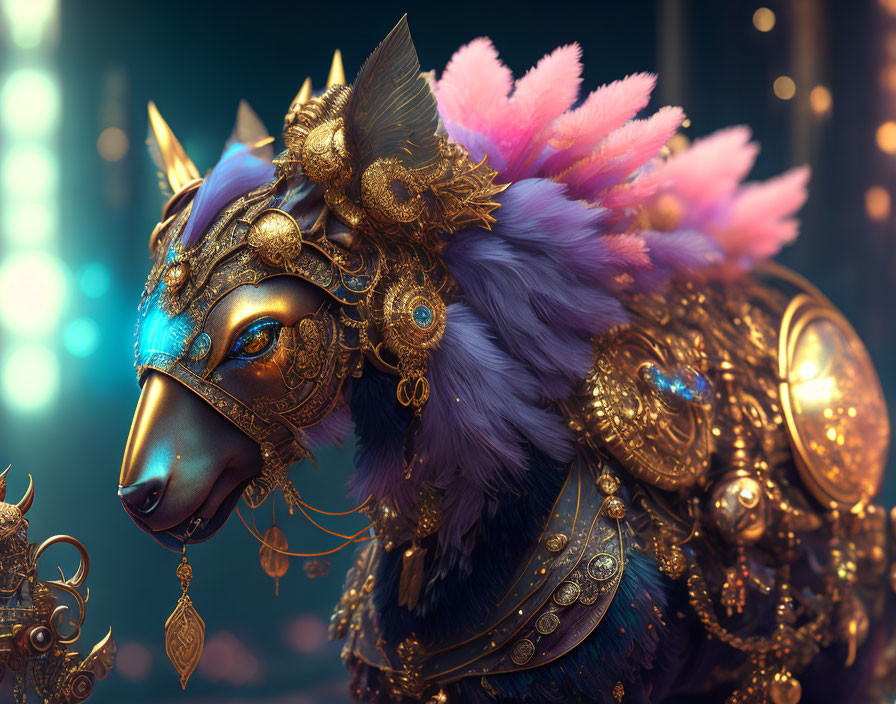 Intricate wolf with golden armor and jewelry, vibrant feathers, glowing eyes, bokeh light background