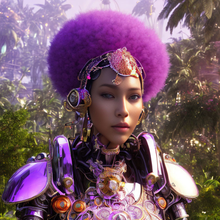 Futuristic woman in purple afro and cybernetic armor with golden headgear in lush jungle