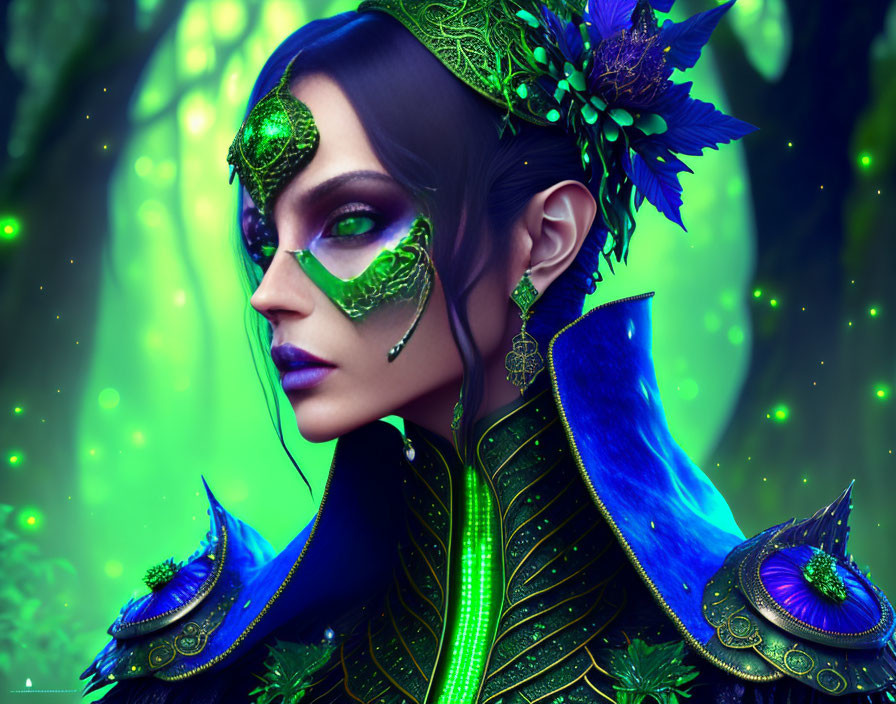 Fantastical female figure with green and blue makeup in mystical forest