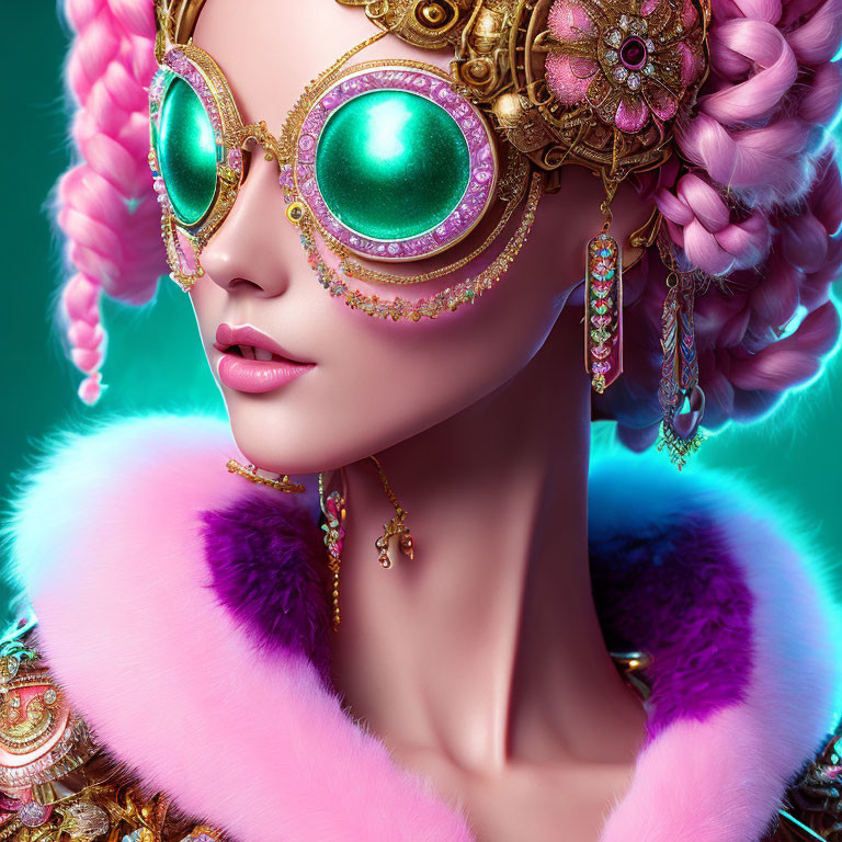 Detailed 3D illustration of woman with pink hair, green goggles, gold jewelry, and pink fur
