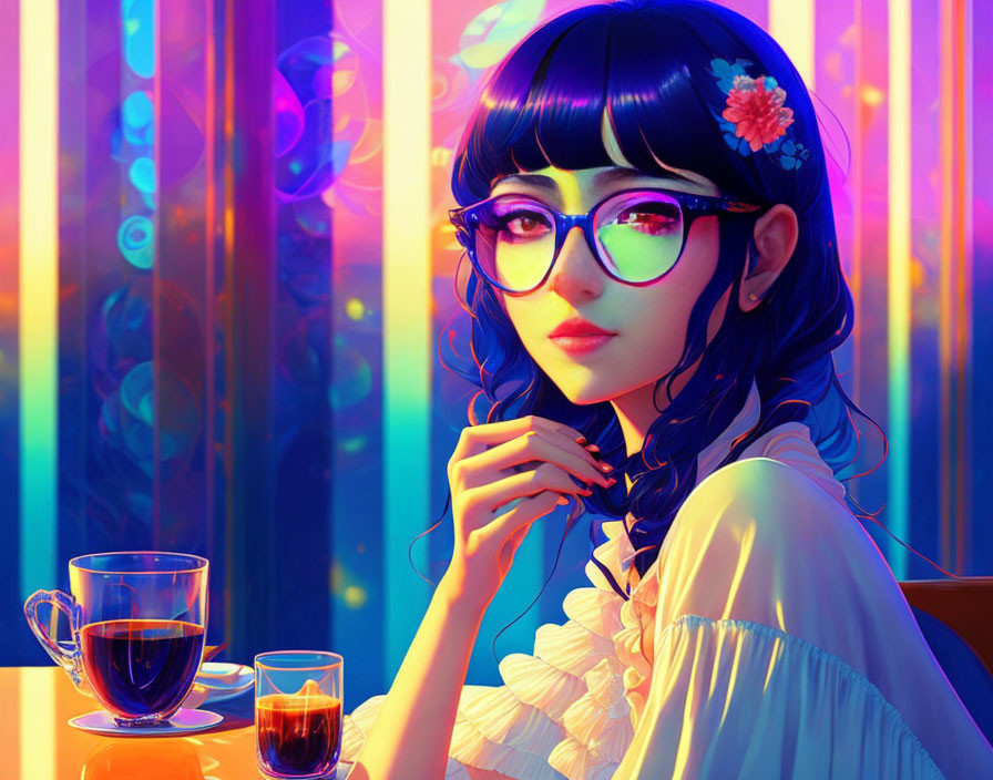 Illustration of woman with blue hair and glasses by colorful window with coffee cup