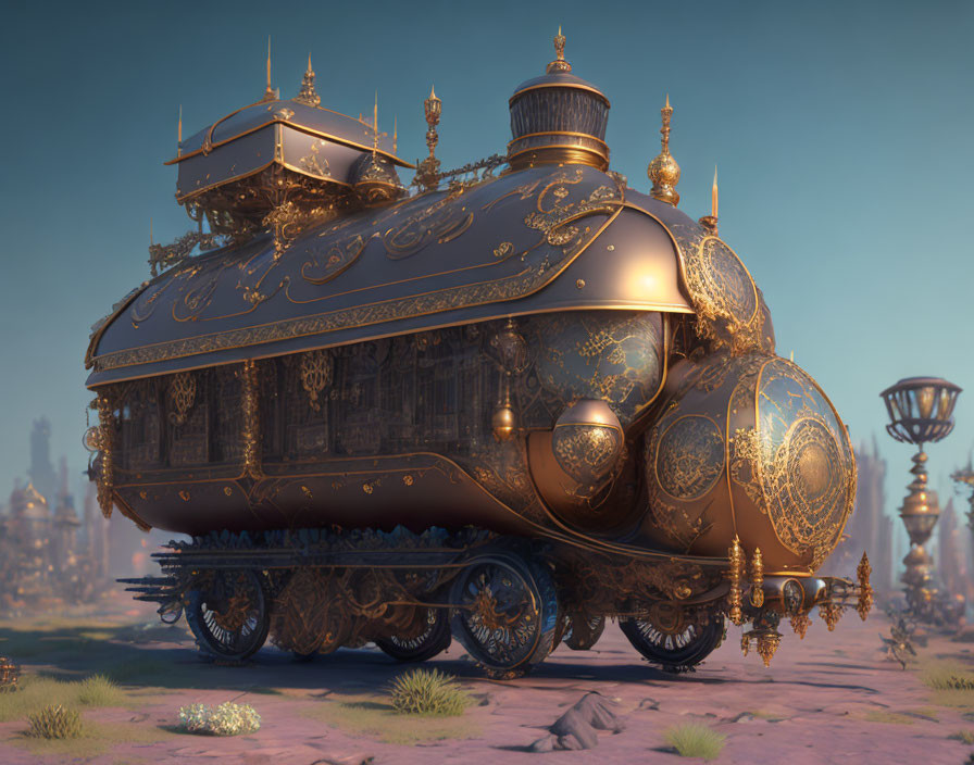 Steampunk-style caravan with intricate metalwork in desert landscape at dusk