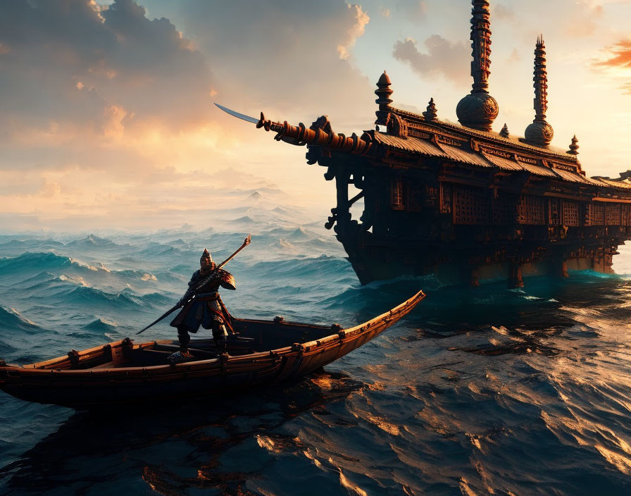 Warrior on small boat points to ornate ship on stormy sea at sunset