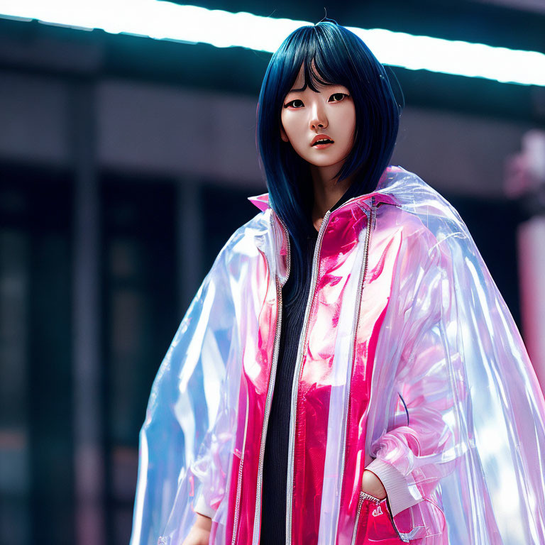 Dark-Haired Person in Pink Transparent Raincoat in Urban Setting