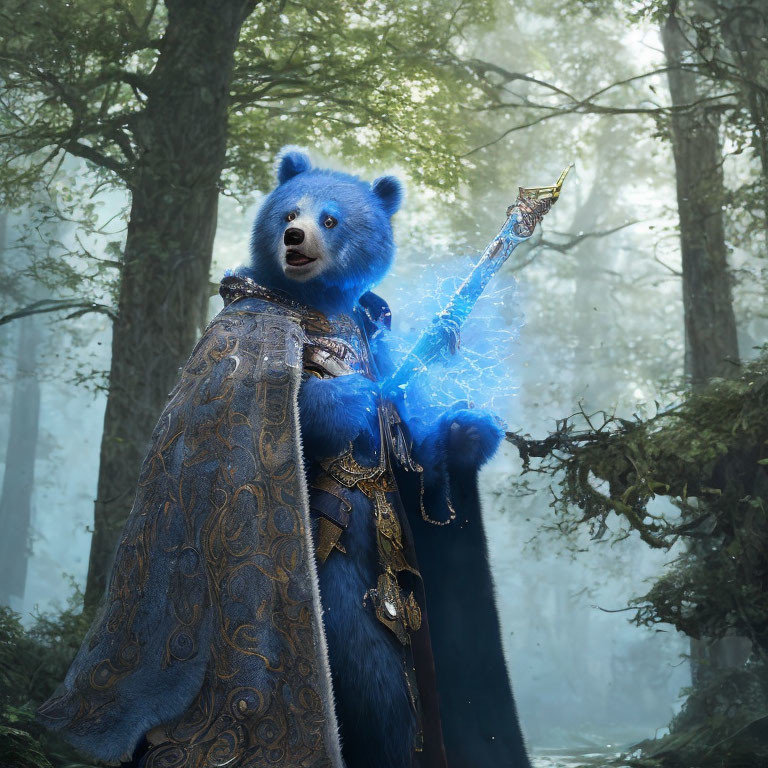 Blue bear in regal robes wields magical staff in enchanted forest