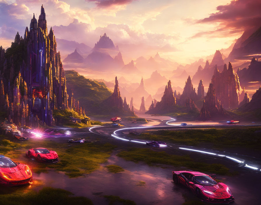Majestic rock formations, glowing castle, futuristic cars under dramatic sunset sky