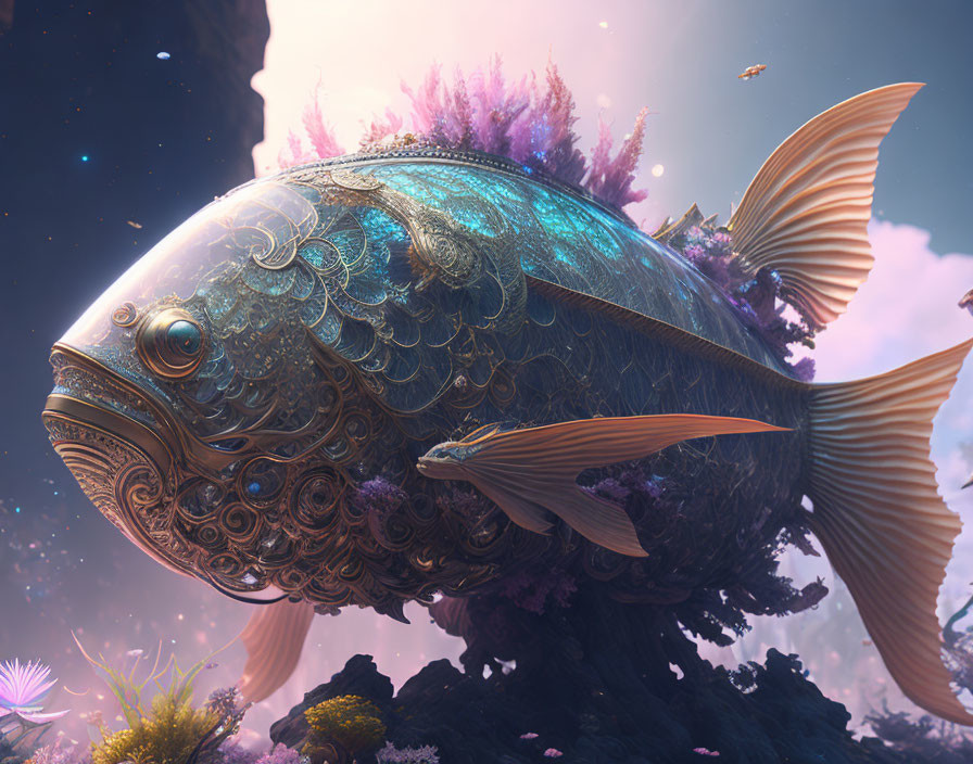 Intricate ornate fish among coral reefs with small fish under ethereal light