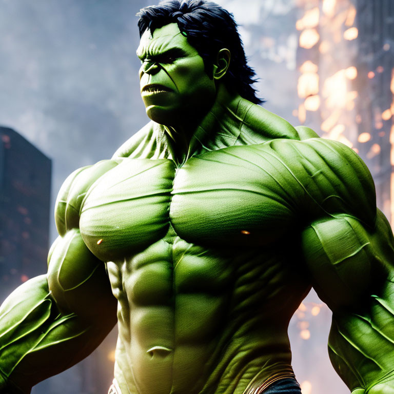 Green-skinned muscular character scowls in industrial setting