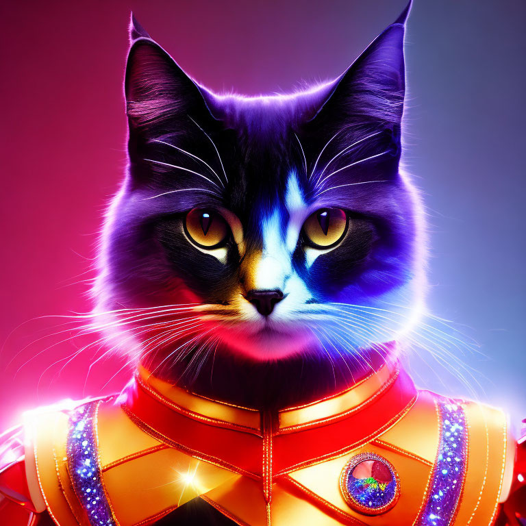 Stylized cat with human-like features in futuristic orange suit on gradient background