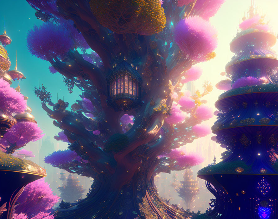 Fantastical tree with pink and purple foliage, lanterns, and spiral structures in mystical forest.