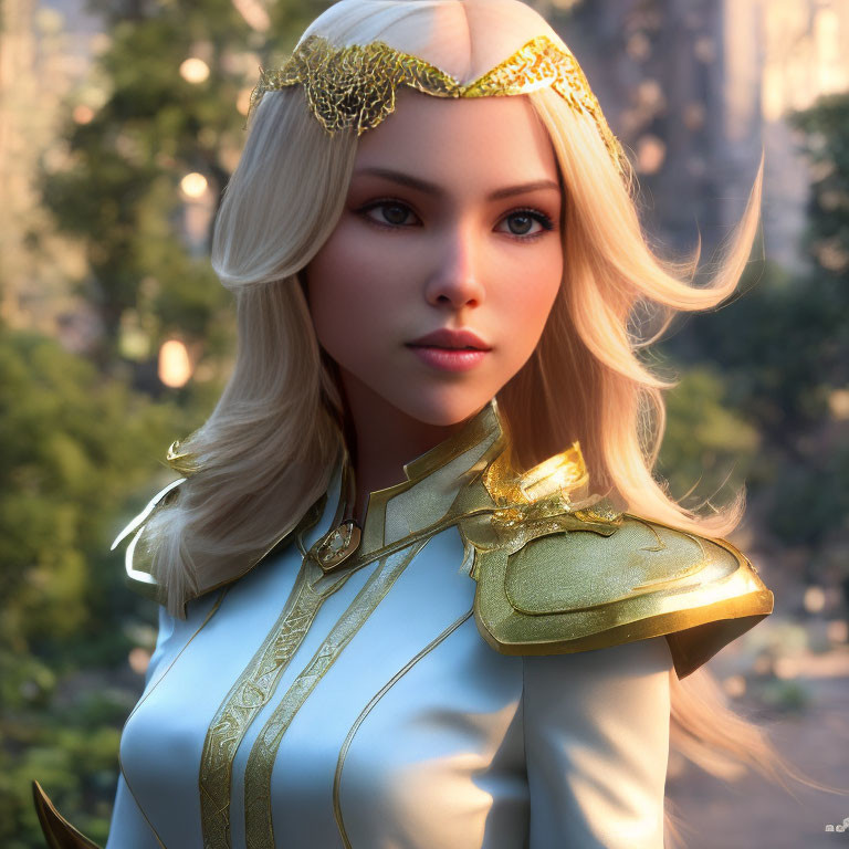 Blonde-haired woman in fantasy attire with gold tiara and shoulder armor in digital art