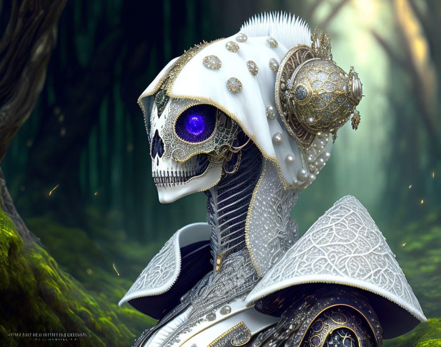 Fantasy illustration of skeletal figure with crown and armor in mystical forest