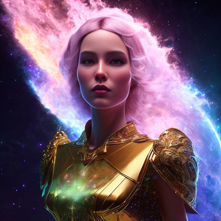 Platinum-haired woman in golden armor against cosmic nebula backdrop