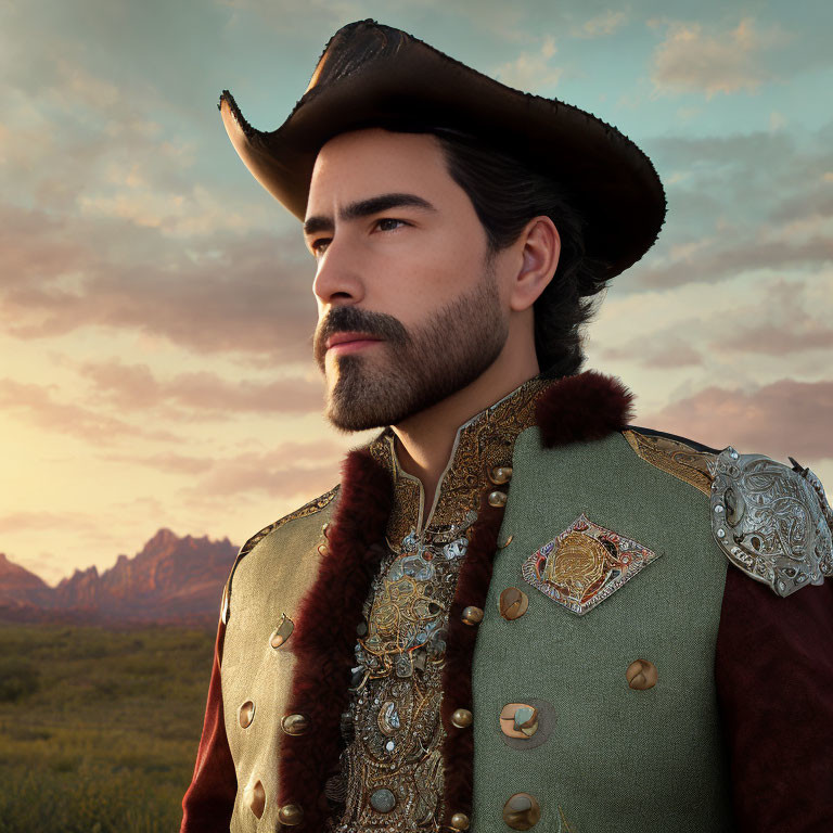 Man in ornate cowboy outfit with wide-brimmed hat against mountain backdrop