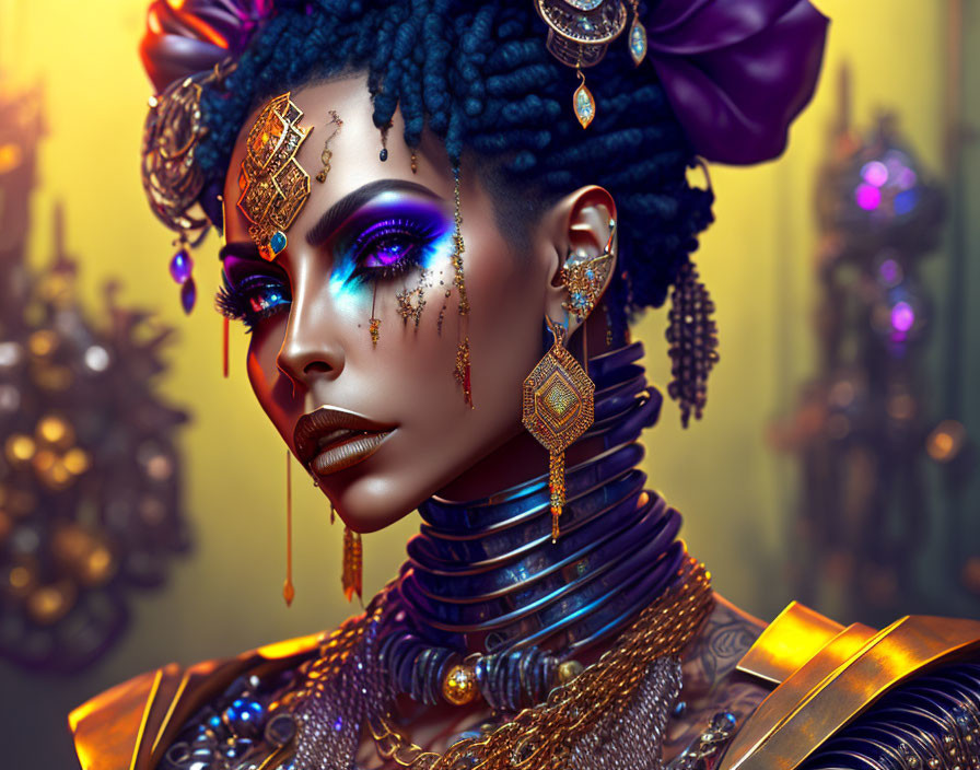 Vibrant digital artwork: Woman with colorful makeup and gold jewelry on warm background