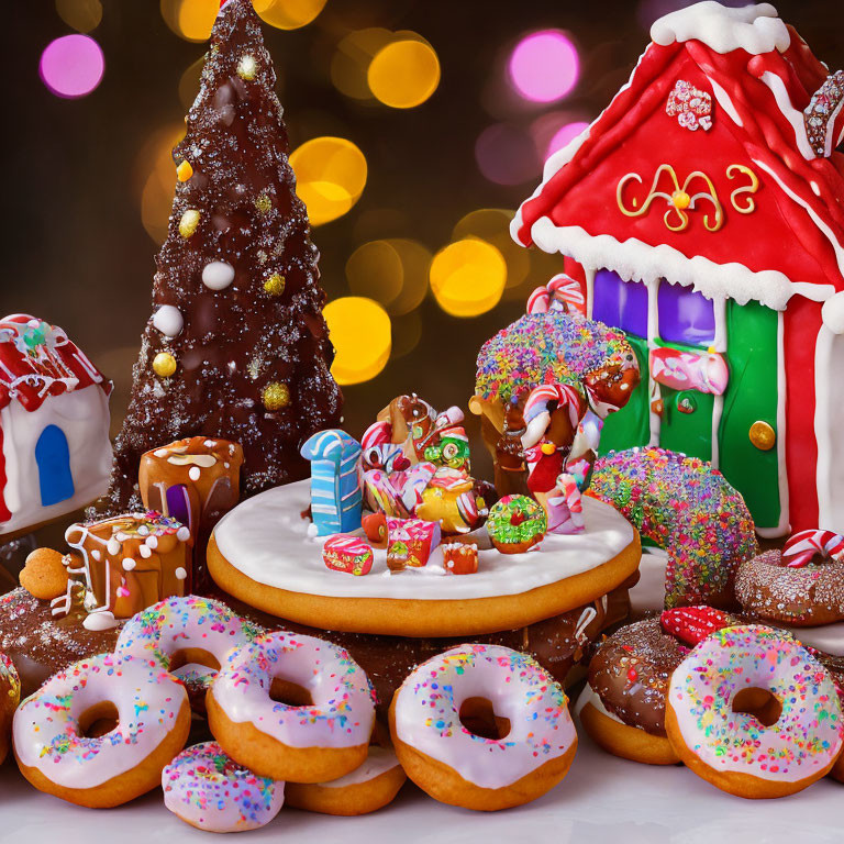 Colorful Holiday Sweets with Gingerbread House, Donuts, and Chocolate Tree