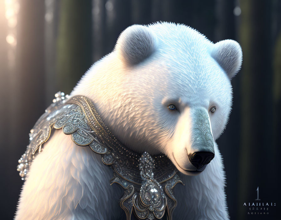 White bear with ornate silver harness in forest setting
