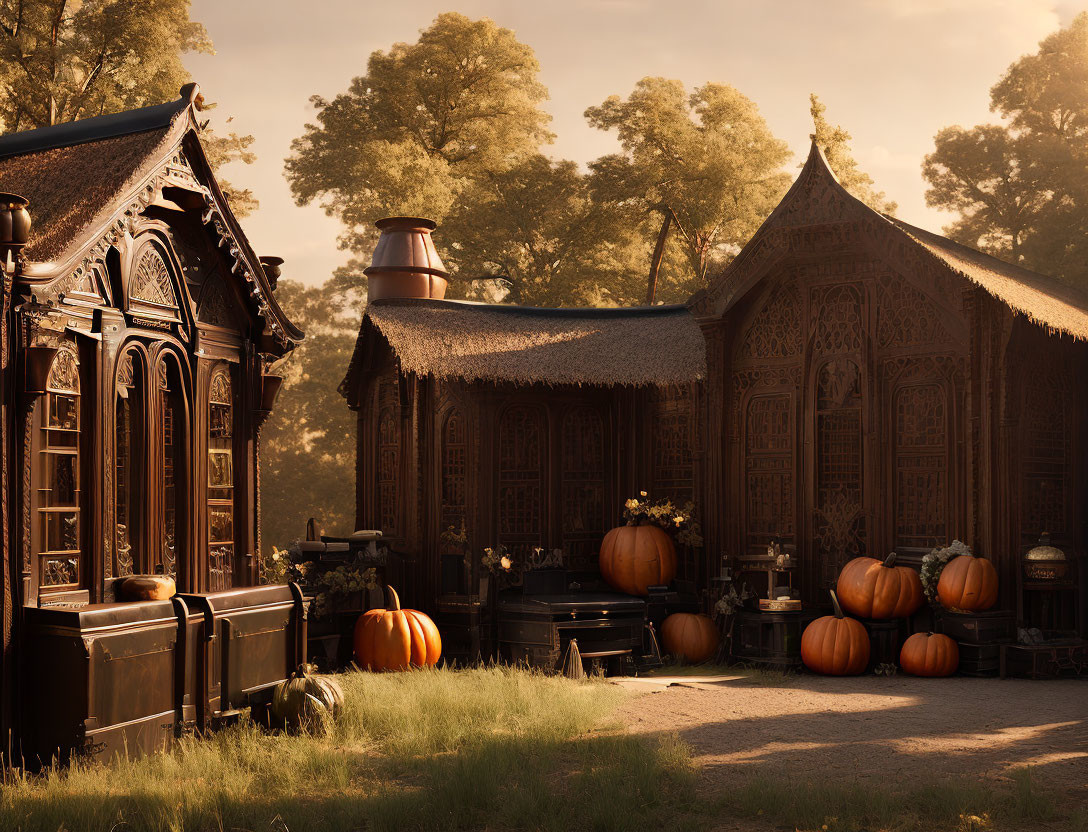 Autumn-themed wooden structures in serene setting with pumpkins