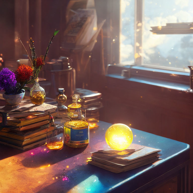 Sunlit Cozy Room with Books, Warm Orb, and Vials on Wooden Table