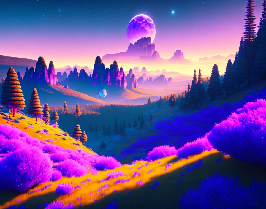 Digital landscape with purple foliage, moons, and starry sky over serene valley.