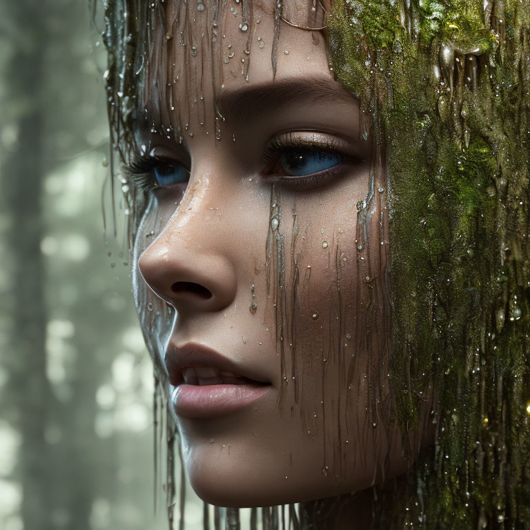 Person with water droplets and mossy tendrils in forest nymph aesthetic