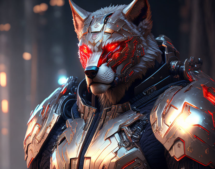 Futuristic warrior with wolf-like head in intricate armor and glowing red eyes