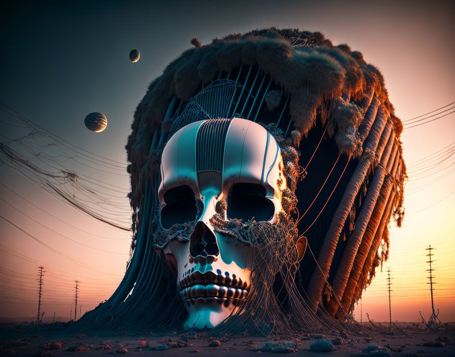 Large Skull with Planetary Headdress in Surreal Setting