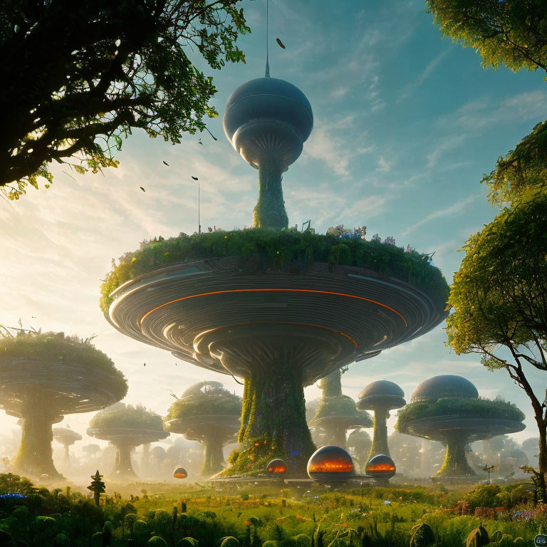 Fantastical landscape with towering mushroom-shaped structures amid verdant foliage