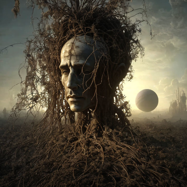 Face in roots against desolate landscape with distant planet