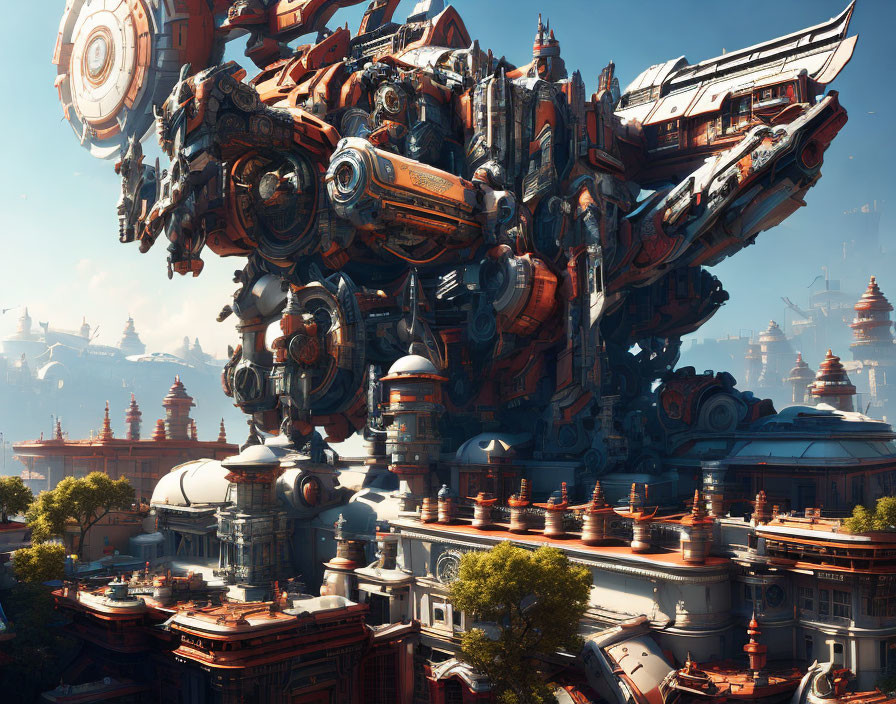 Gigantic robot in intricate design dominates futuristic cityscape