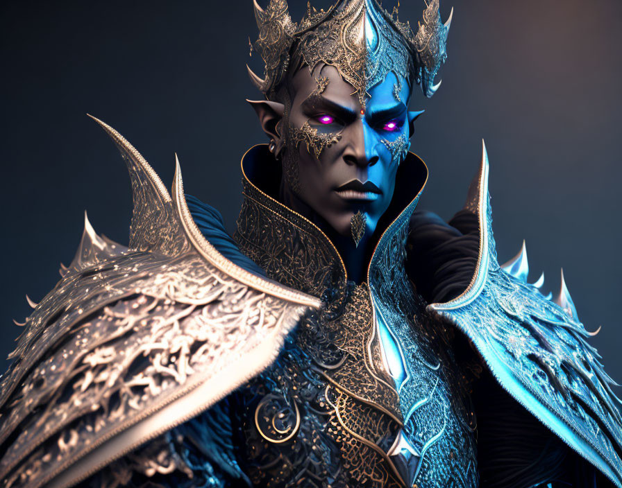 Blue-skinned fantasy character in ornate golden armor with glowing purple eyes