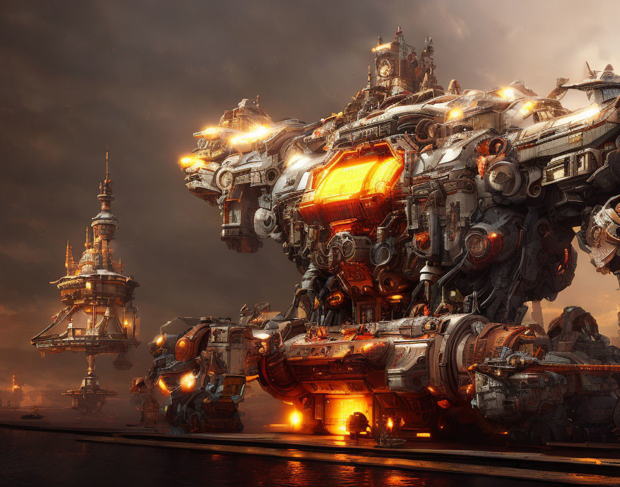 Detailed Mech with Glowing Orange Parts Beside Futuristic Tower at Dusk