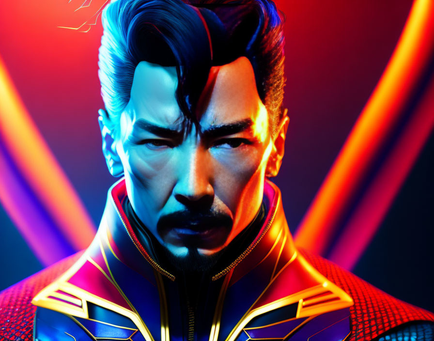 Male superhero with goatee in red and blue suit on neon-lit background