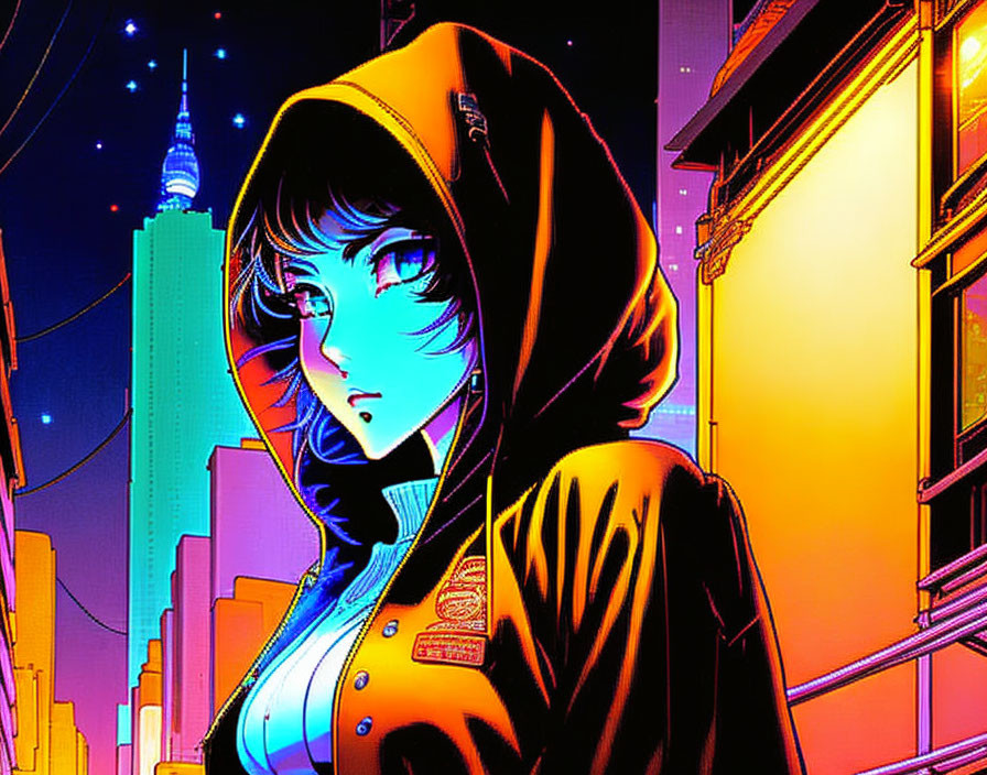 Blue-skinned person in yellow hoodie in neon-lit cityscape.