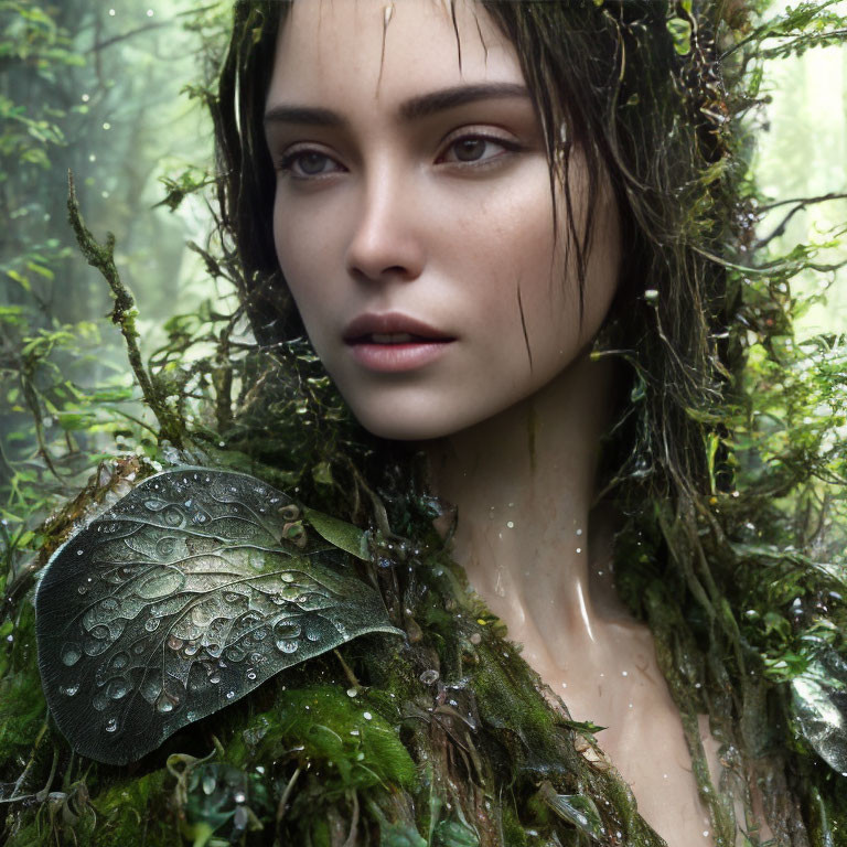 Woman with Dewy Skin and Dark Hair in Forest Setting