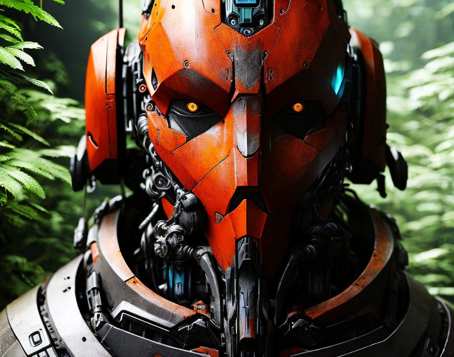 Detailed Robot Head with Orange and Black Armor, Yellow Eyes on Green Foliage Background
