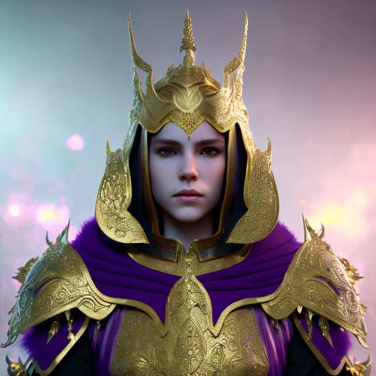 Woman in detailed golden helmet and purple shoulder armor on violet background