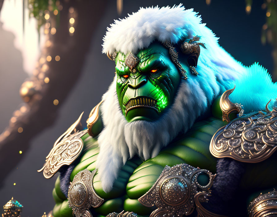 Fantasy Creature with Gorilla-like Features and Ornate Armor in 3D Art
