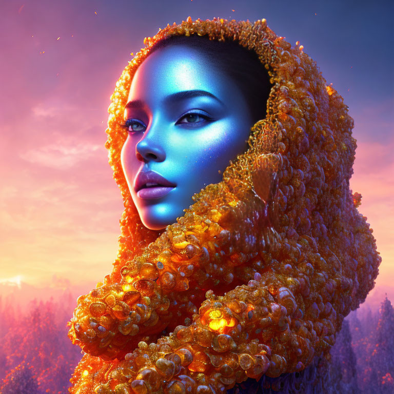 Blue-skinned woman with orange hood in digital art portrait