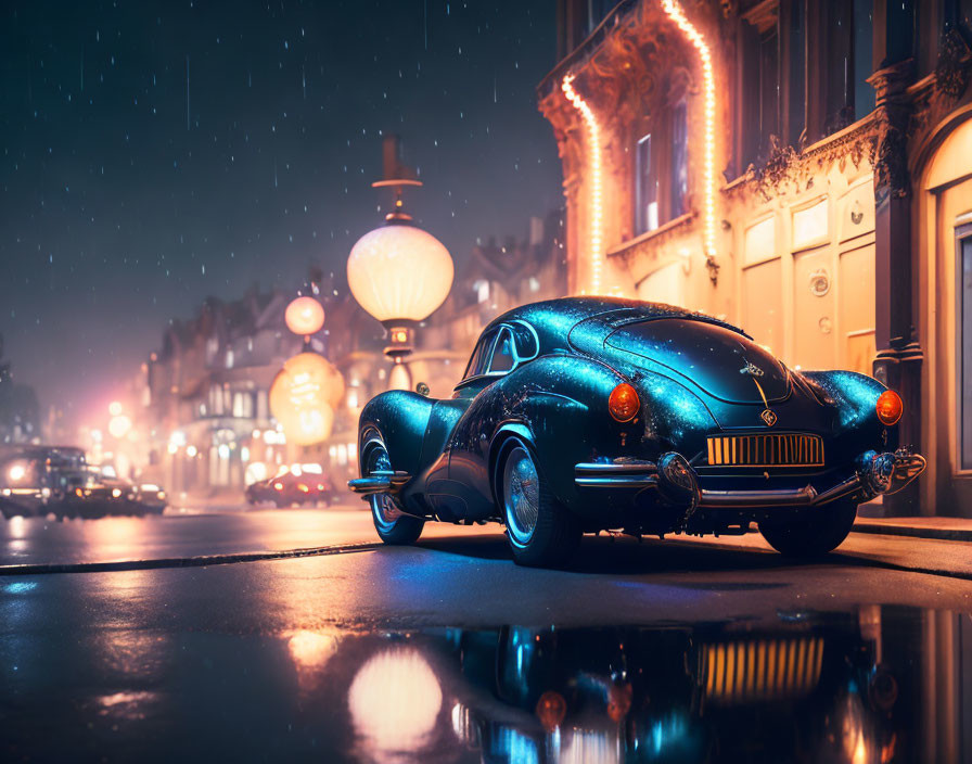 Vintage Car on Wet Night Street with Rain and Illumination