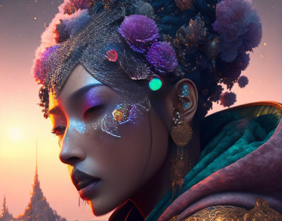 Fantasy portrait featuring floral headdress, ornate earrings, and mystical castle at sunset