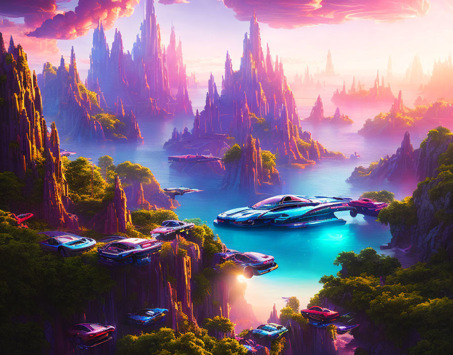 Sci-fi landscape with floating ships, river, rock formations, and sunset sky